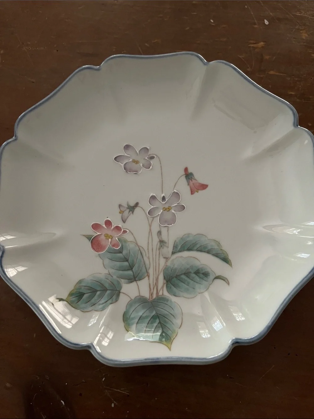Scalloped Floral Porcelain Serving Bowl in White with Pastel Accents